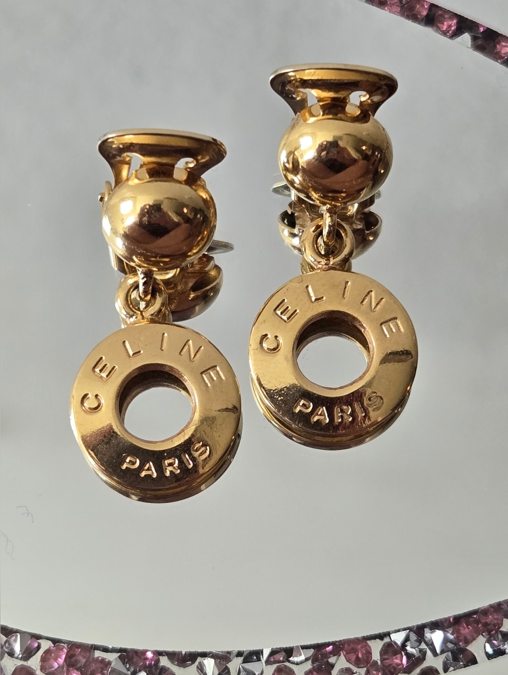 🛑SOLD‼️Celine Paris Gold-Tone Logo Circle Drop Earrings